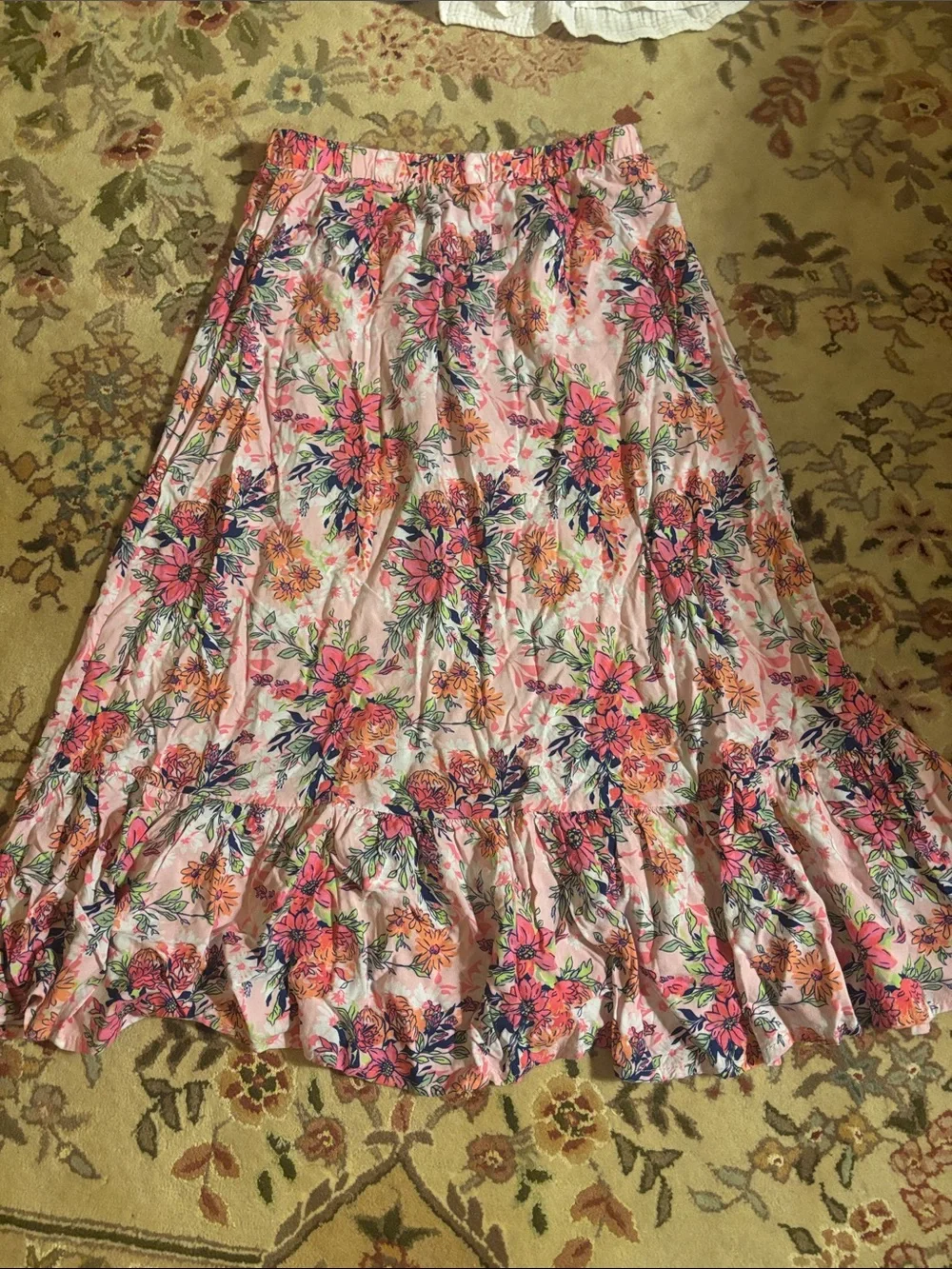 Floral Pink Tiered Maxi Skirt and White Tank Set- Lightweight Summer Style